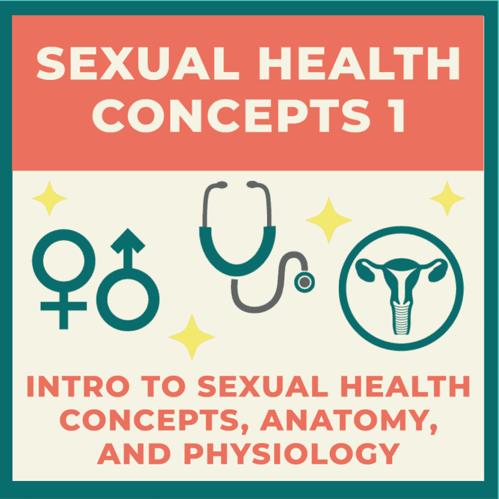 3 drawings in the middle of the image. The first one consists of symbols representing male/female genders, the second one features a stethoscope, and the last one depicts the female reproductive organ.